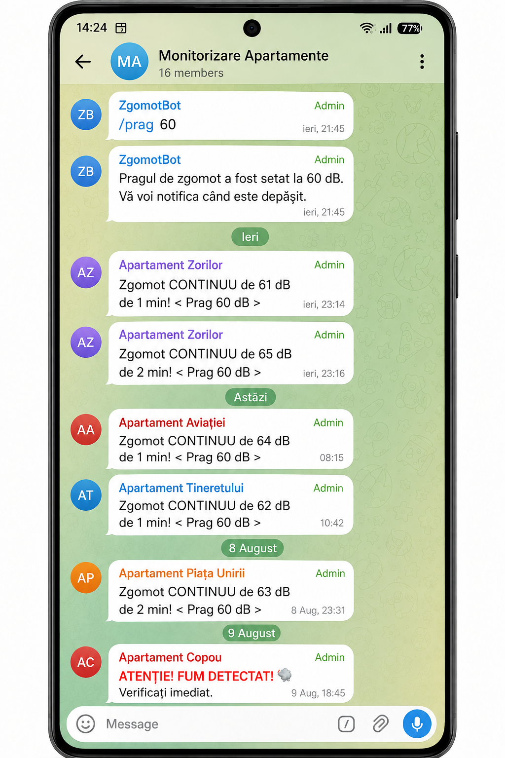 Alerte de zgomot și fum trimise prin Telegram pe telefon